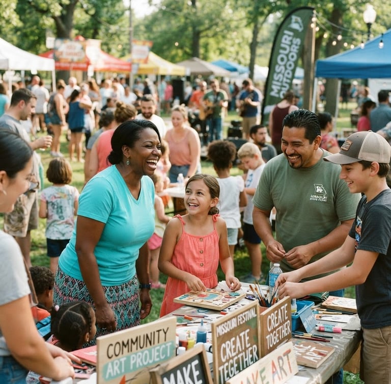 Bright candid photograph of a Missouri outdoor community festival, diverse groups laughing and collaborating under warm natural daylight, 35mm lens.