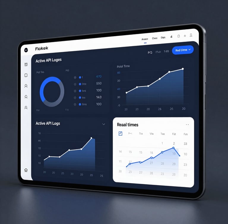 Sleek UI dashboard visualization showing active API logs, real-time calendar synchronization graphs, cool corporate studio lighting, deep navy and slate tones.