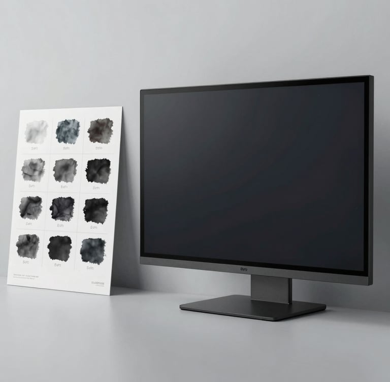 A crisp, un-rendered digital brand mockup displayed on a modern flat screen beside physical ink swatches, cool overcast studio lighting, right-aligned composition.