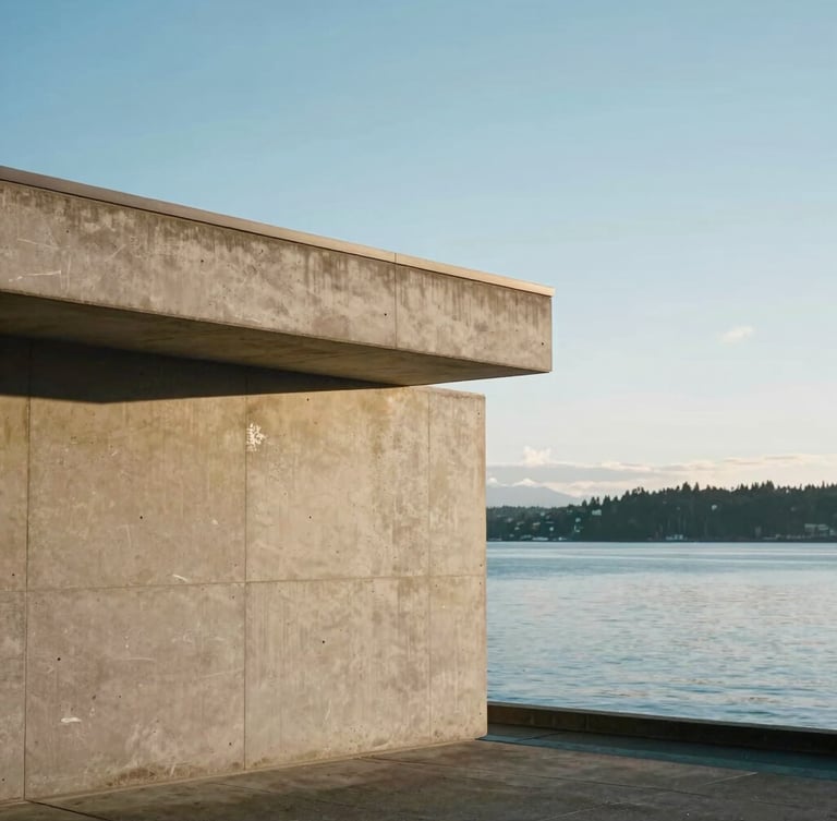 Diffused Pacific Northwest daylight illuminating a clean architectural concrete structure on Bainbridge Island, water reflecting cool sky blue tones in the background, minimalist composition with generous negative space.