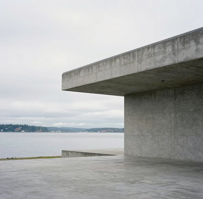 A wide crop of minimalist studio architecture on Bainbridge Island, clean concrete lines meeting cool grey water under a bright overcast sky, generous negative space.