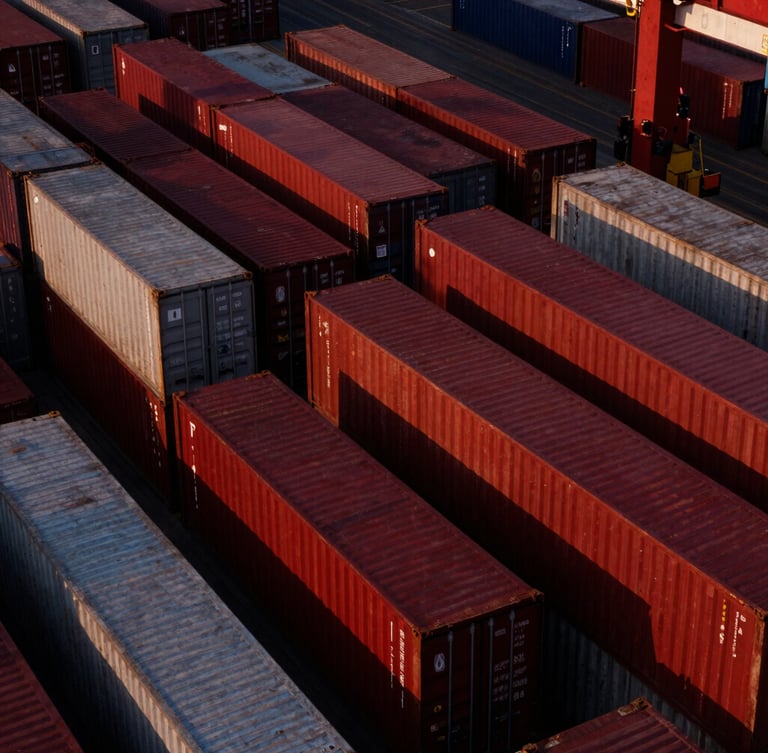 Stark aerial view of a massive container shipping hub at dusk, sharp directional light casting long shadows on deep crimson containers, 35mm film grain