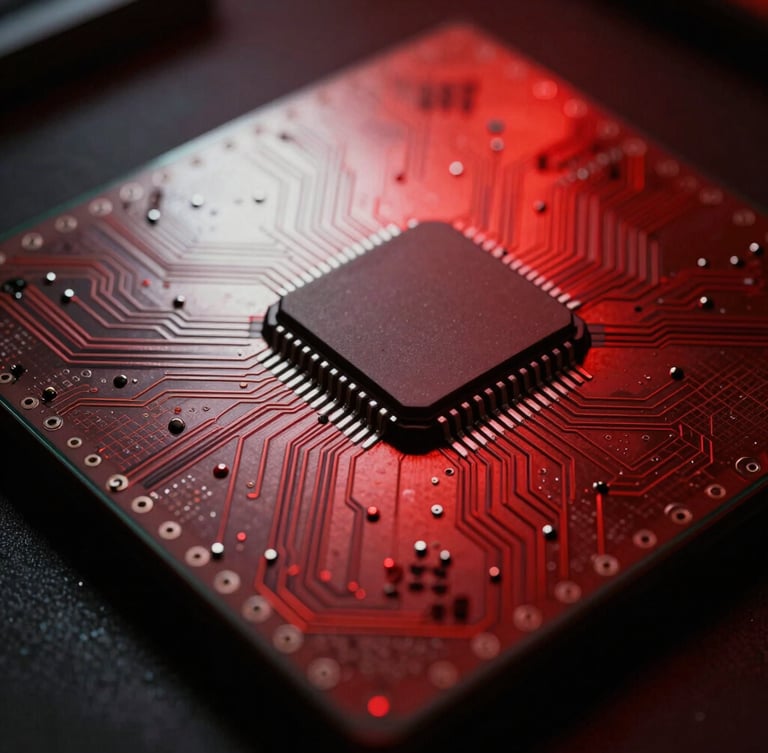 High-contrast editorial close-up of a silicon wafer microchip under sharp directional crimson and white light, dramatic chiaroscuro shadows casting across the intricate geometric circuitry, 35mm film grain, stark and authoritative atmosphere.