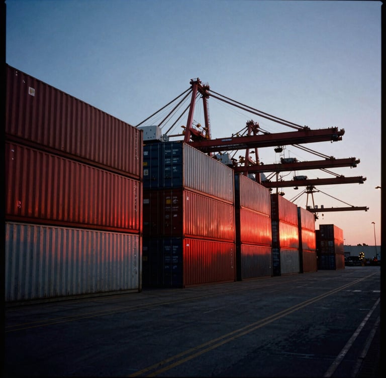 Wide environmental shot of a dramatic industrial shipping hub at dusk, high-contrast chiaroscuro, deep shadows with crimson light reflections on steel containers, 35mm film grain