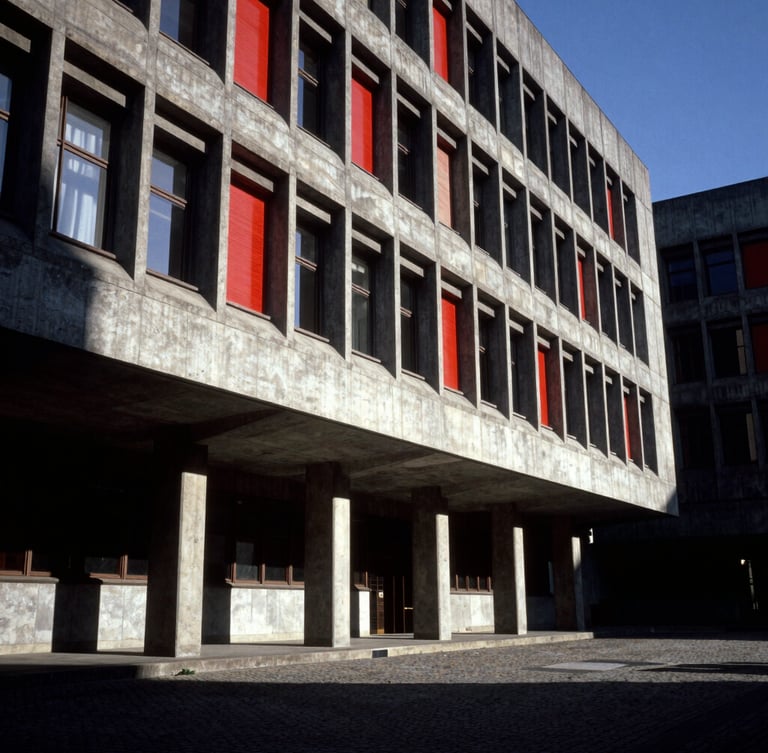 Dramatic wide-angle architectural view of a brutalist concrete government assembly building, high-contrast chiaroscuro lighting, deep shadows and crimson accents, sharp focus, 35mm film grain