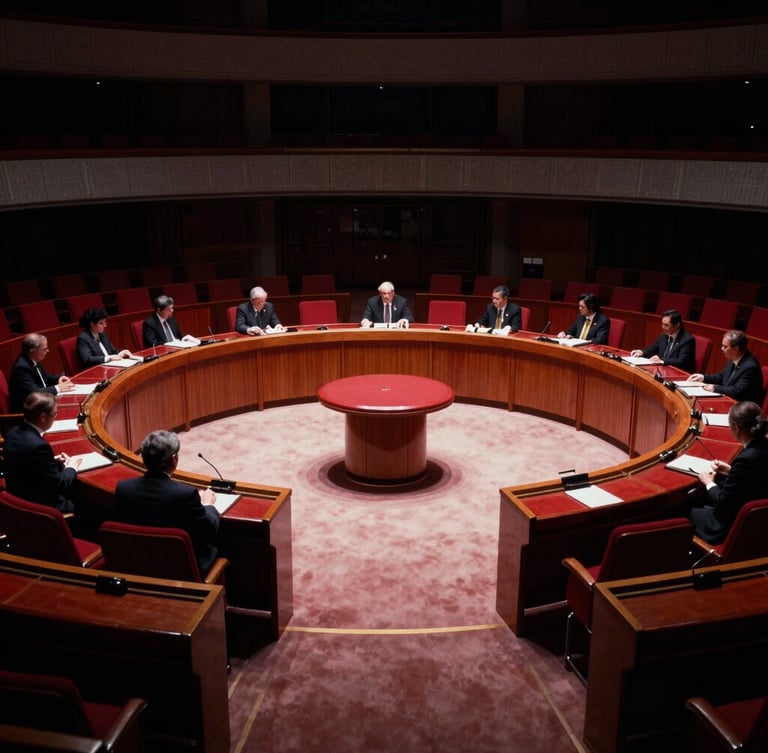 Dramatic high-contrast photo of a circular diplomatic assembly hall, sharp directional light cutting through shadows, crimson accents on the seating, 35mm film grain