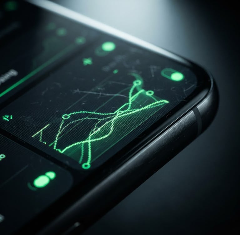 Extreme macro shot of an Android smartphone screen displaying a clean, dark-mode system utility interface with neon green accents, fluid UI transitions, sharp focus on the screen edge, dramatic studio backlighting.