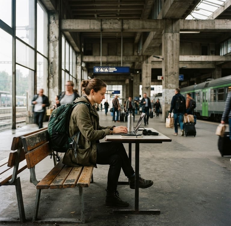 A solo traveler working on a laptop in a rugged, concrete transit hub, natural overcast daylight, earthy forest green tones, sharp 35mm film grain, wide environmental shot