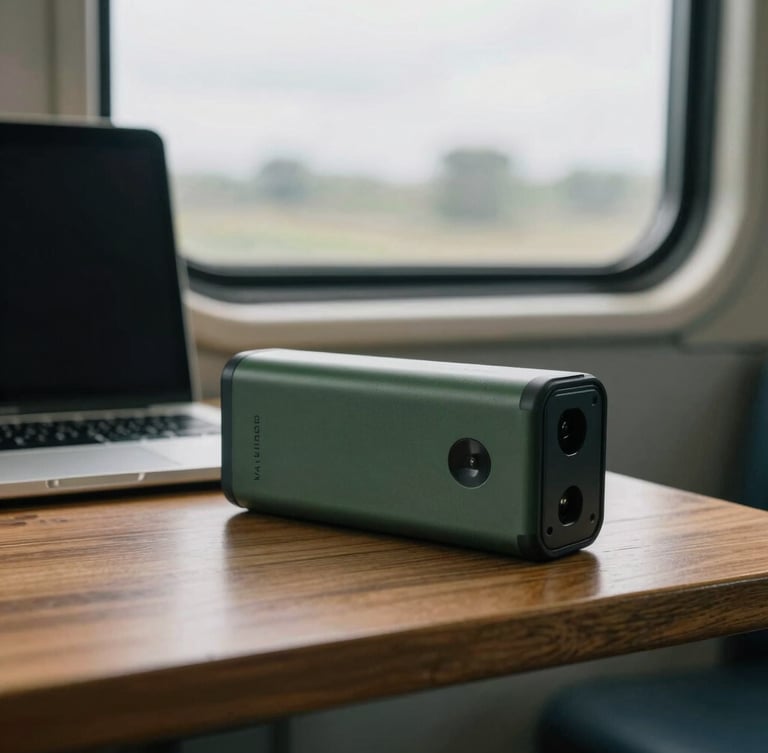 Tight macro shot of a rugged power bank resting on a wooden train table next to a laptop, moody overcast transit light through the window.