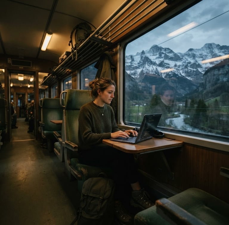 Wide environmental shot of a solo traveler working on a laptop inside a moody train carriage at dusk, soft light reflecting off the window, cold mountain peaks visible outside.