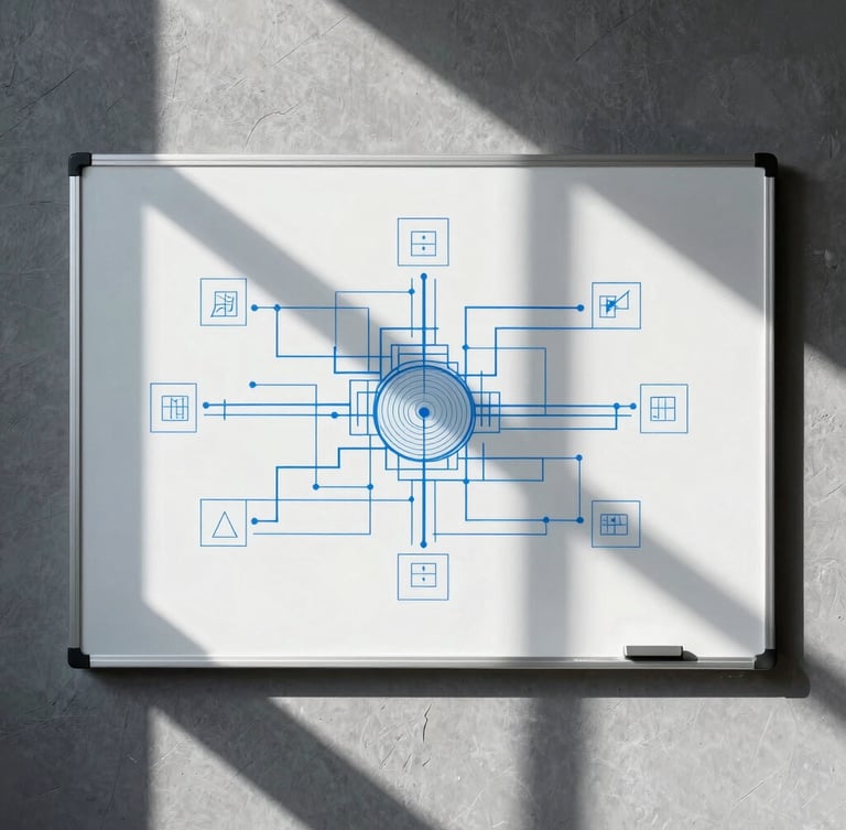 Straight-on architectural shot of a clean white board with sharp blue system diagrams, high-contrast directional window light, slate tones.
