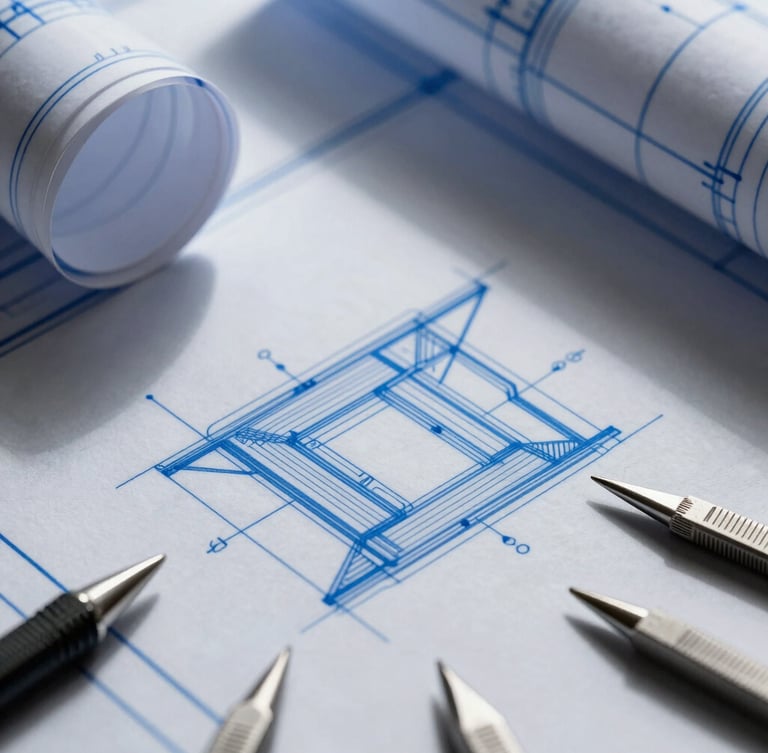 Macro overhead shot of a physical blueprint schematic with crisp electric-blue lines, architectural drafting tools, sharp geometric shadows