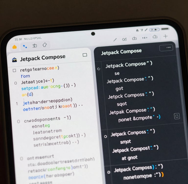 Macro shot of a physical Android screen showing structured Jetpack Compose code snippets side-by-side with the rendered UI, sharp focus on the syntax and interface elements.