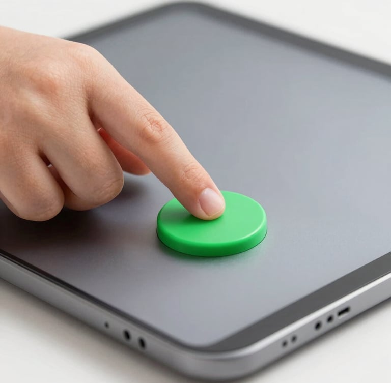 Close-up of a child's hand tapping a large, vibrant green button on a modern slate-gray Android tablet, bright studio lighting, shallow depth of field.