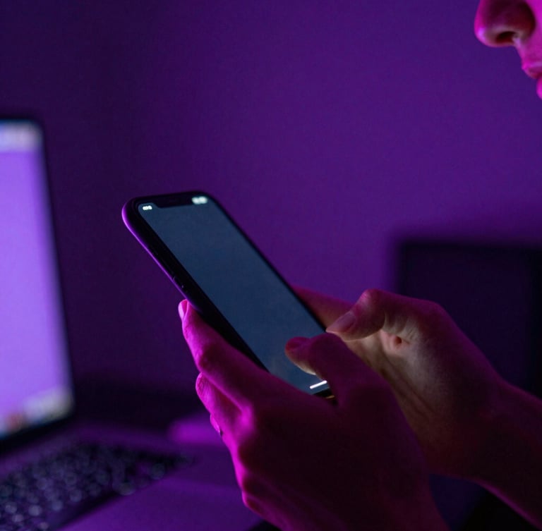 A high-energy close-up of a creator holding a glowing phone, neon purple and pink backlighting, 35mm film grain.