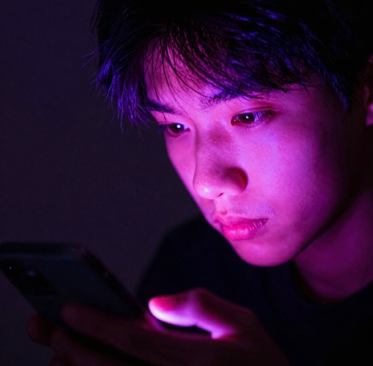 Close-up of a young creator's face illuminated by the bright pink and violet glow of a smartphone screen, dark background, intense focused expression, high contrast.