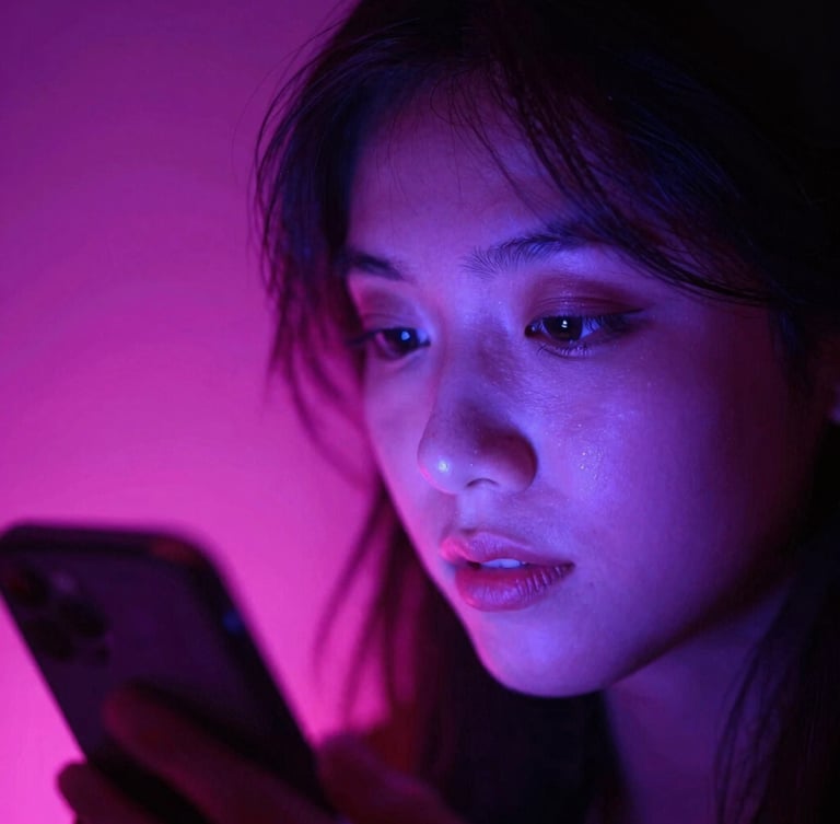 Tight dynamic close-up of a creator's face illuminated by the electric violet glow of a smartphone screen, neon pink backlighting, high contrast, 35mm film grain.