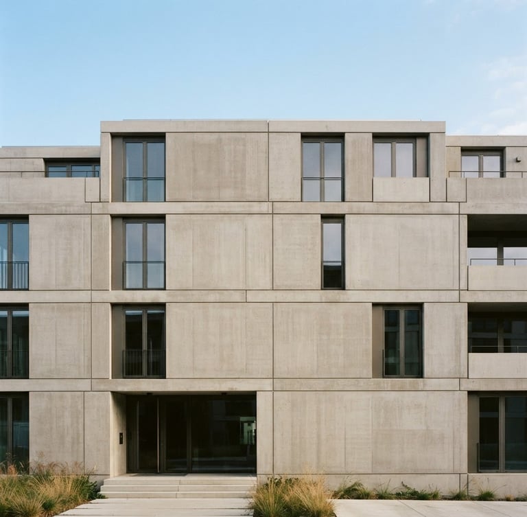 Minimalist modern architectural concrete building facade against a clear sky, clean lines, 35mm, soft daylight