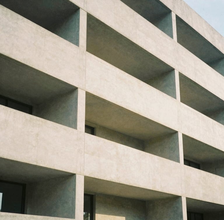 Abstract architectural lines of a modern concrete building facade, soft diffused daylight, warm neutral tones, 35mm