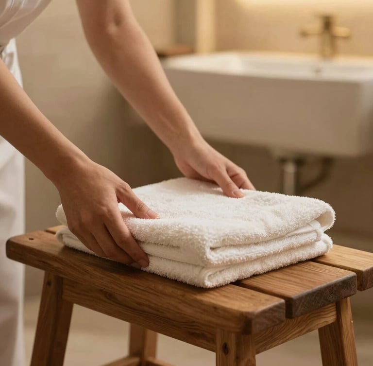 Close-up of hands placing a fresh linen towel on a wooden bench in a beautifully lit spa-like bathroom, shallow depth of field, warm earth tones, 35mm