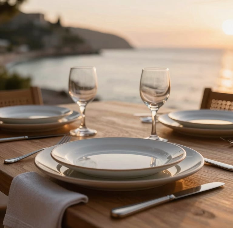 Close-up of a beautifully set dining table with ceramic plates and linen napkins, overlooking a quiet coastal bay at sunset, shallow depth of field