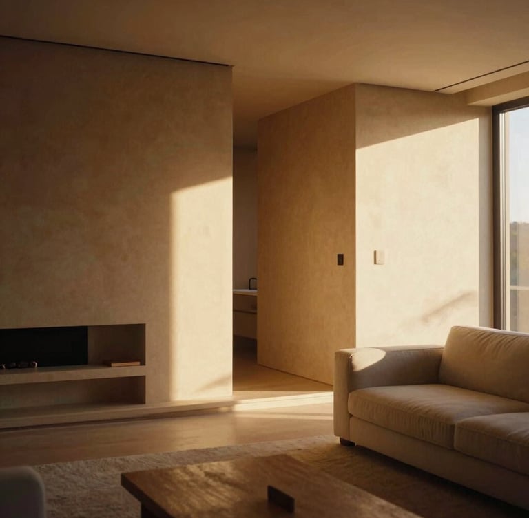 Sun-drenched modern architectural living room interior, warm sand-toned walls, minimalist furniture, golden-hour natural light casting soft shadows, 35mm photography
