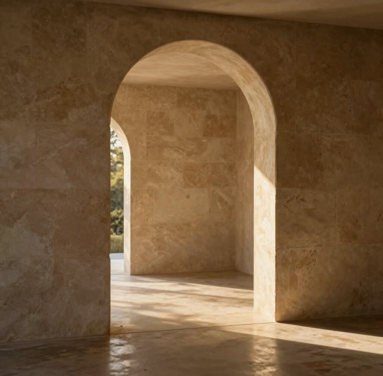 Sun-drenched property interior showing a minimalist stone archway, warm natural light casting soft shadows on a polished concrete floor, 35mm photography