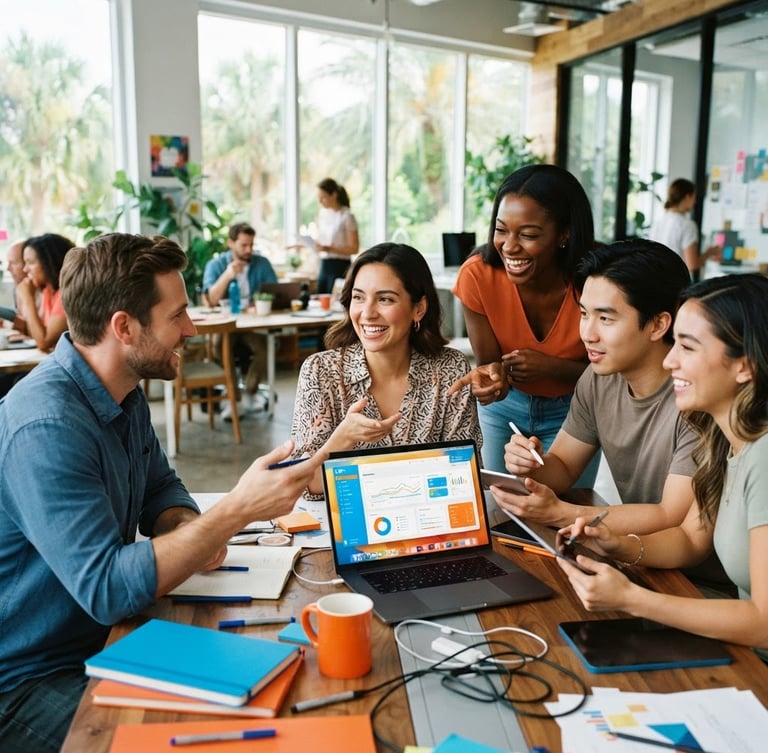 Dynamic shot of a diverse creative team collaborating intensely in a modern, sun-drenched workspace, digital interfaces visible, vibrant blue and orange accents in the foreground, sharp focus, natural Florida daylight, 35mm.