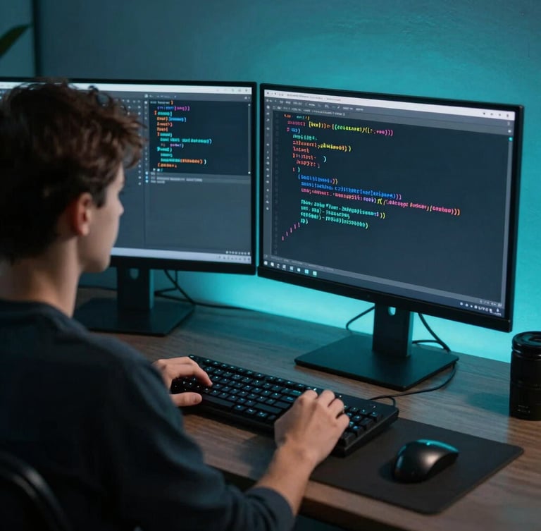 Over-the-shoulder shot of a young developer writing clean React code on a dual-monitor setup with cool cyan ambient glow, sharp focus, 35mm lens