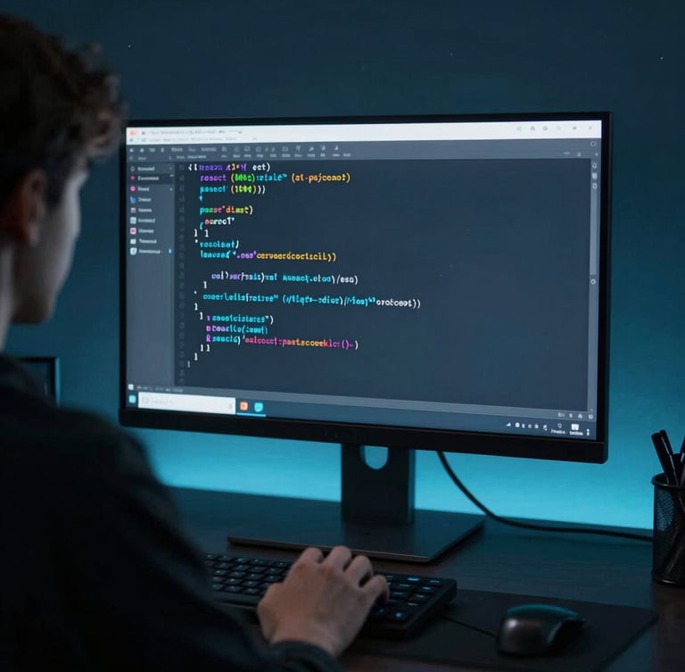 Over-the-shoulder medium shot of a developer writing clean React code on a vertical monitor, cool cyan ambient glow, dark background, sharp focus, 35mm lens