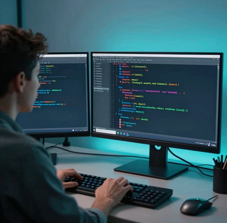 Over-the-shoulder shot of a developer analyzing a complex React code structure on a dual-monitor setup with cool cyan ambient lighting, modern tech office environment, sharp focus, 35mm lens.