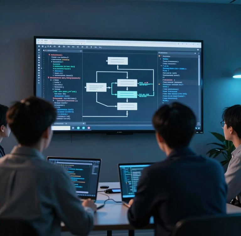 Over-the-shoulder shot of a coding standup meeting, young professionals discussing system architecture on a large screen displaying database schemas, cool ambient blue lighting.
