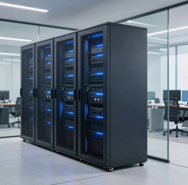 Modern secure server room with soft blue indicator lights, clean glass panels, professional corporate environment, editorial