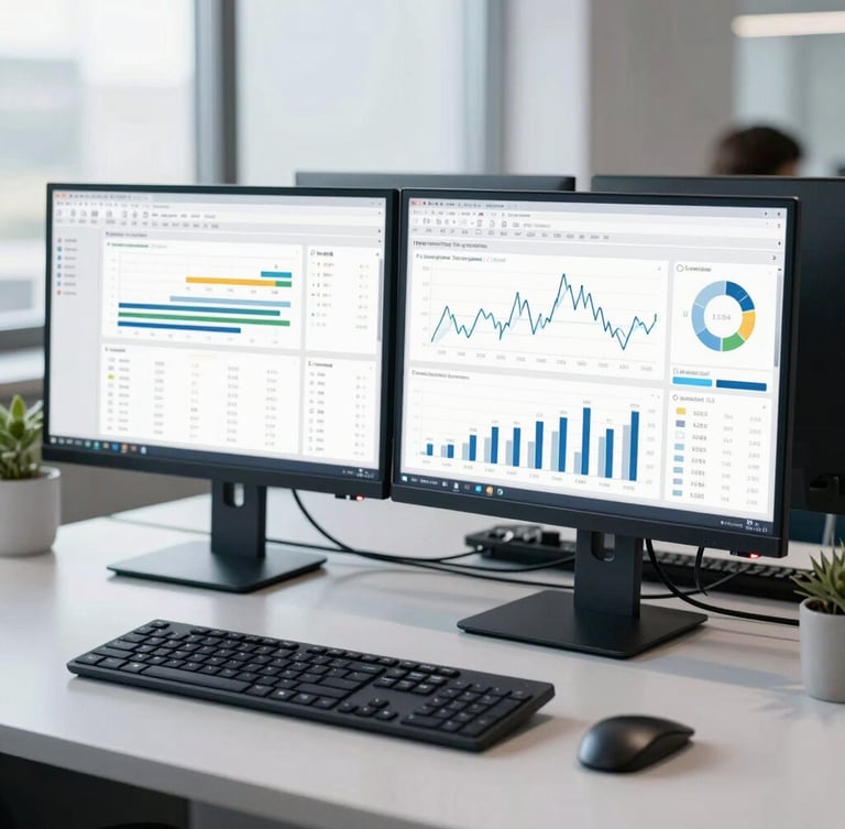 Crisp corporate office daylight, dual-monitor setup showing clean financial dashboards, cool slate and navy tones, sharp focus, editorial framing