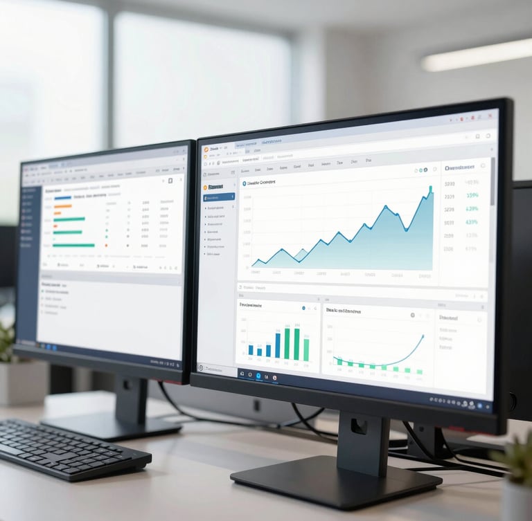 Close-up of dual-monitor setup showing clean financial dashboards, bright neutral office daylight, cool slate and navy tones, sharp focus, editorial