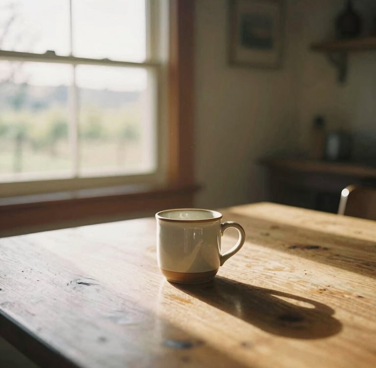 Soft natural golden-hour daylight illuminating a cozy Napa Valley community room, a warm wooden table with a ceramic mug, inviting atmosphere, 35mm film style.