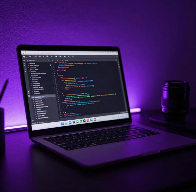 Dark editorial photography of a sleek creative workspace, glowing purple neon backlighting, macro shot of a laptop screen displaying code and analytics, moody obsidian tones, 35mm lens