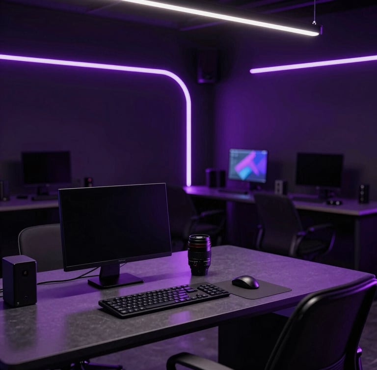 Modern creative workspace with curved neon purple light bars, obsidian desks, high-end digital devices, dark editorial photography, 35mm lens