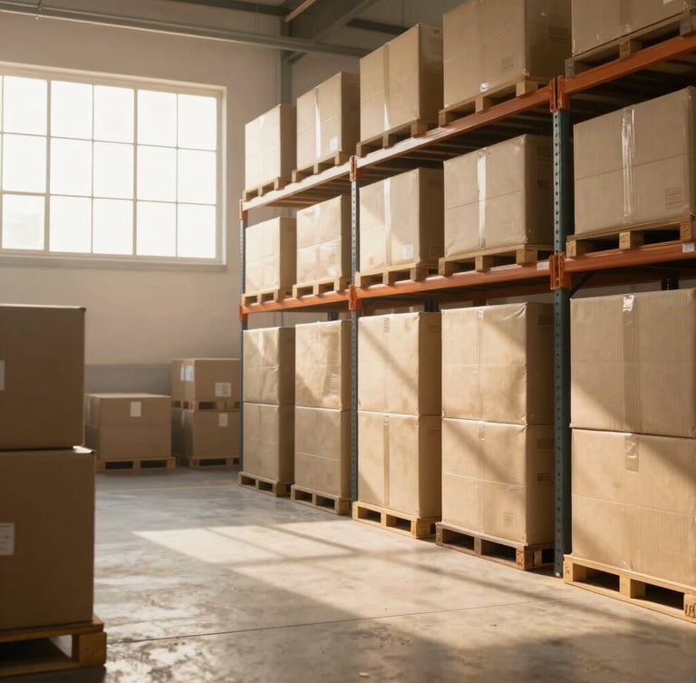 Wide environmental shot of a modern, highly organized Indian logistics warehouse with pristine concrete floors, soft ambient daylight filtering through high windows