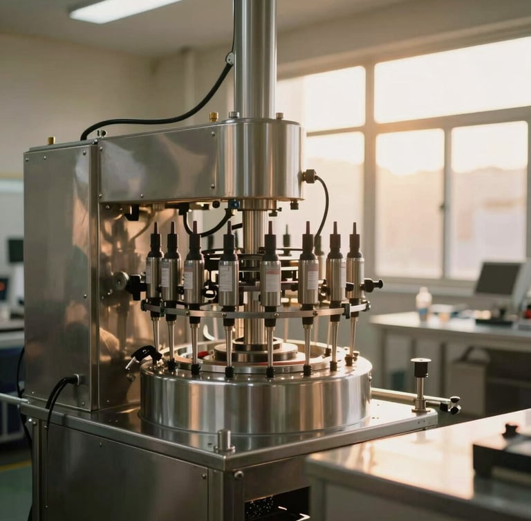 Spotless modern manufacturing facility, stainless steel machinery under clean ambient lighting, high-tech automated bottling line, shallow depth of field