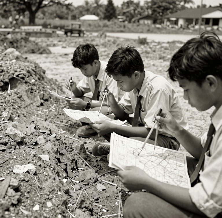 Vintage-toned black and white documentary style photo of geological field mapping in Lampung, students holding compasses and maps, natural daylight