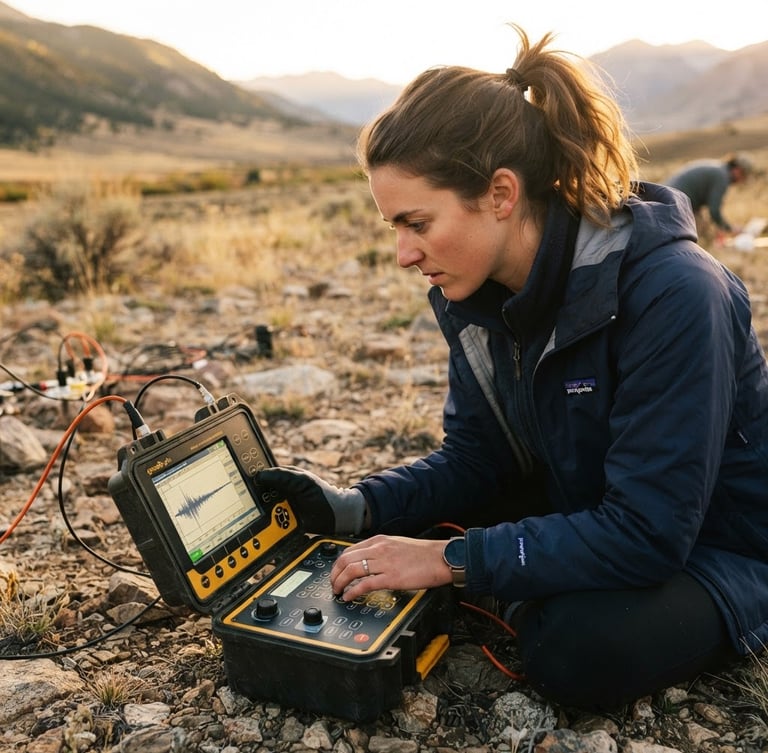 Close-up of a geophysics student operating a digital seismograph in the field, golden hour lighting, sharp focus, 35mm