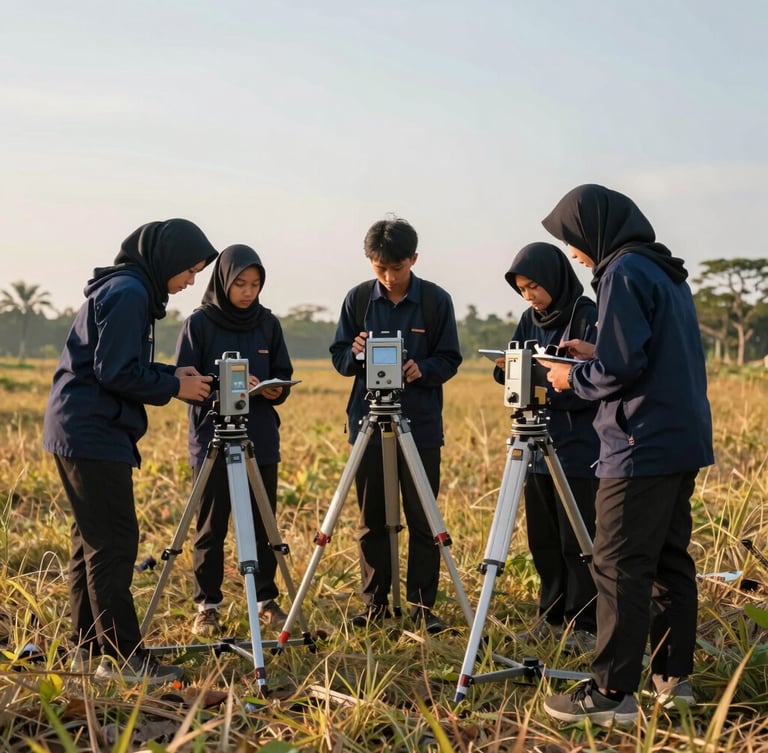 Wide environmental shot of geophysics students operating a geoelectric resistivimeter in a grassy field in Lampung, golden hour sunlight, sharp focus, 35mm