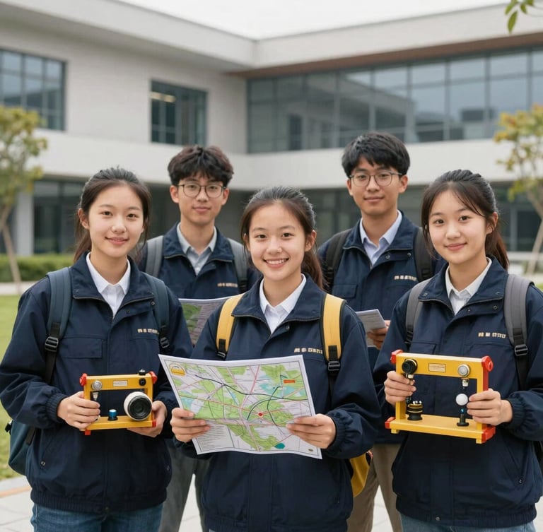 A portrait of geophysics students holding geological equipment and maps, smiling professionally, modern academic campus background, natural daylight, sharp focus