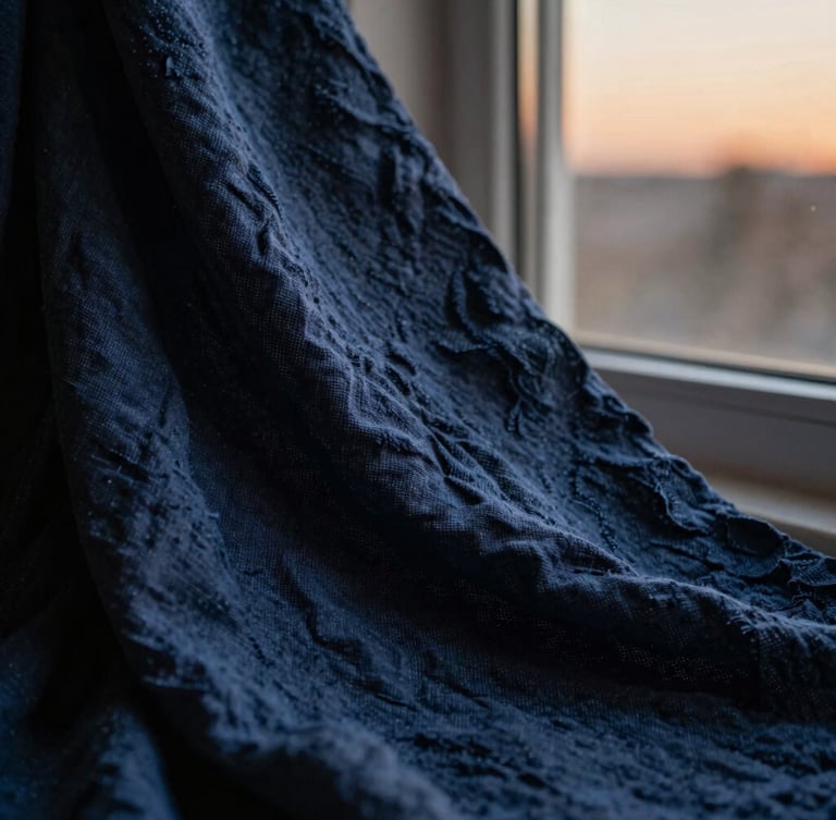 Tactile close-up of organic linen fabric texture, soft twilight window light, deep navy tones, shallow depth of field, 35mm