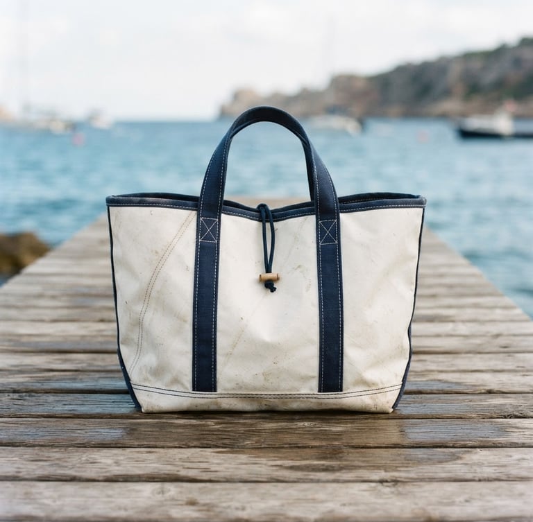 A minimalist editorial photograph of a handcrafted Seconda Rotta bag made of white weathered sailcloth with navy blue stitching, resting on a clean wooden dock with soft coastal daylight, shallow depth of field, 35mm