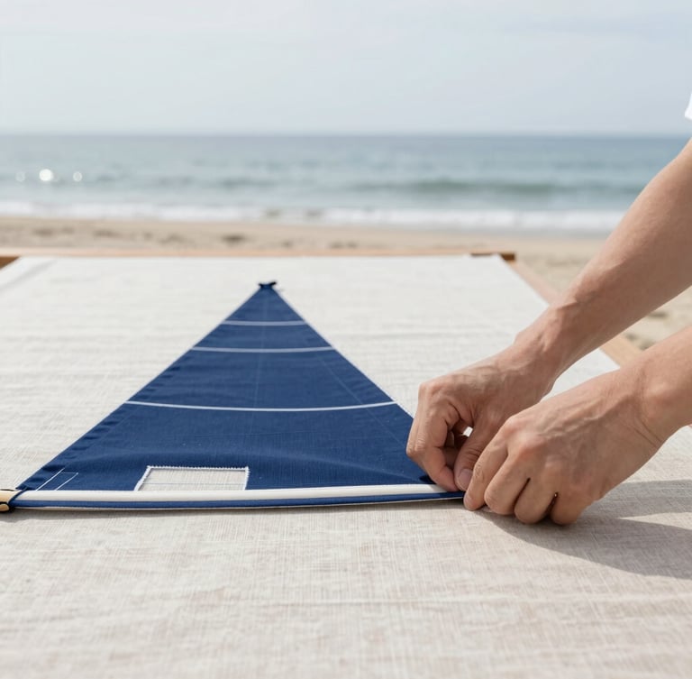 Hands of an artisan carefully aligning a blue sailcloth pattern on a clean linen-covered cutting table, soft natural daylight, minimalist aesthetic