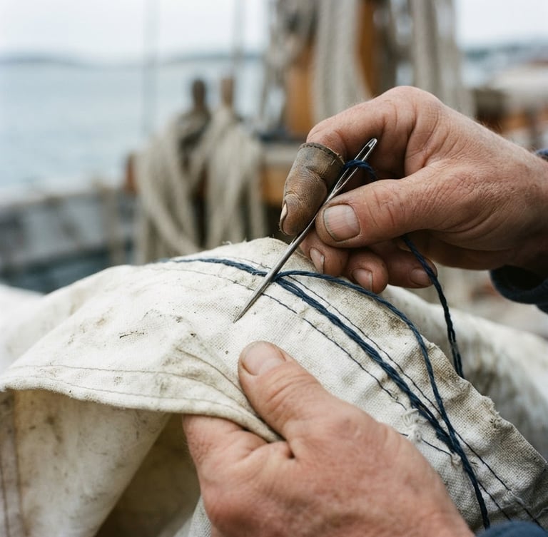 Extreme close-up of the hands of an artisan guiding a heavy needle through weathered white sailcloth, soft coastal overcast daylight, shallow depth of field, 35mm