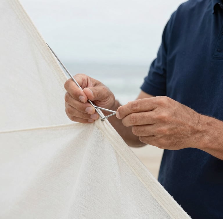 Close-up of artisan hands guiding a thick sail needle through a weathered white canvas, soft natural light, linen and navy tones, minimalist editorial photography