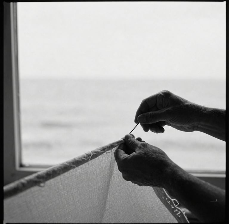 Black and white editorial portrait of an artisan's hands guiding a heavy needle through thick sailcloth under soft window light, authentic, high-contrast, 35mm.